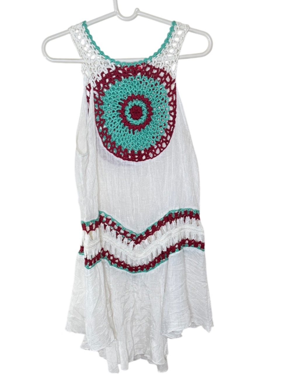 Miao Jun Boho Crochet Fringe Dress White Sleeveless Festival Cover Up S/M